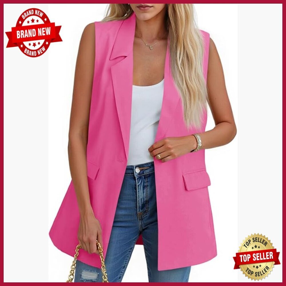 Sleeveless Blazer Vest Casual Open Front Single Button Jacket with Pockets